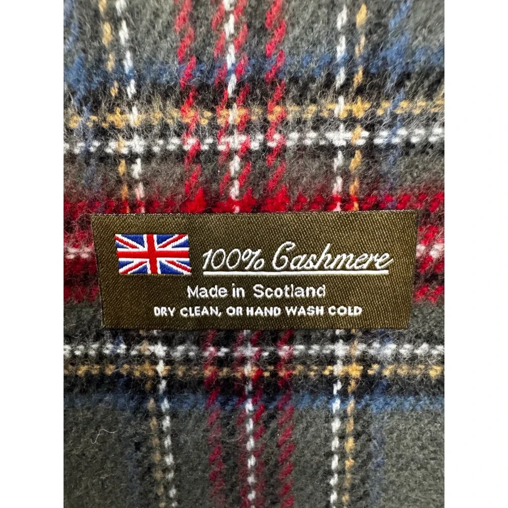 100% Cashmere Scarf‎ Made in Scotland Grey Plaid Reversible Solid Soft Winter